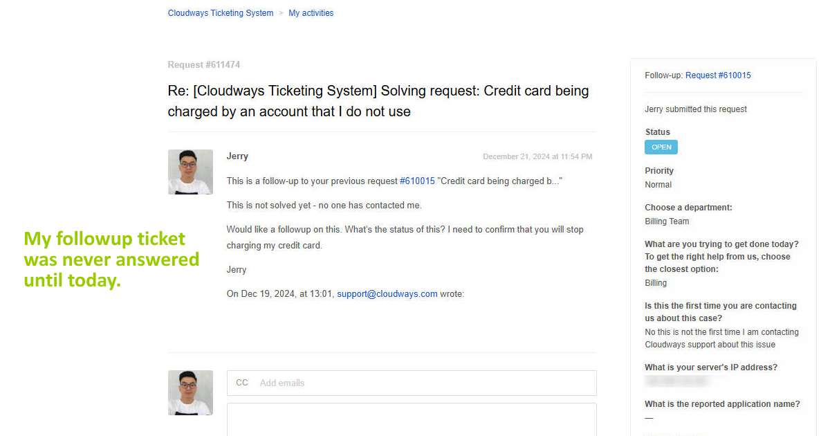 Cloudways billing support record Cloudways billing support record