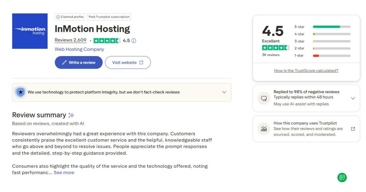 InMotion Hosting Trust Pilot Ratings